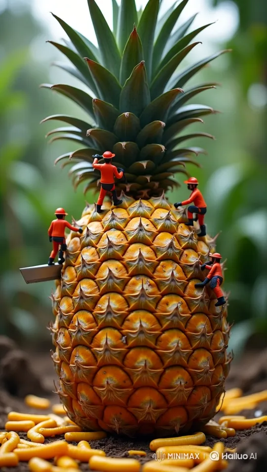 Miniature Workers Harvest Giant Pineapple in 8K Detail – AI Generated Video | Hailuo AI