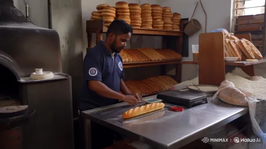Nigerien Inspector Measuring Fresh Baguette in Bakery – AI Generated Video | Hailuo AI