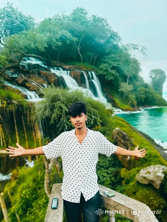 Young Man Prepares for Helicopter Takeoff Amidst Scenic Waterfalls – AI Generated Video | Hailuo AI