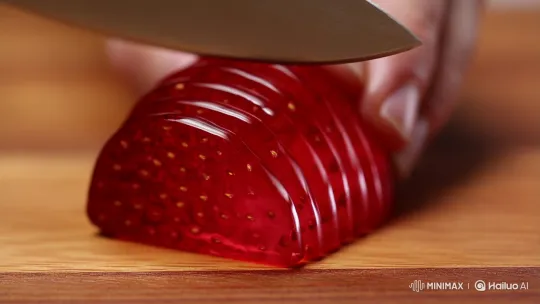 Glass Strawberry Sliced in Slow Motion on Wooden Board – AI Generated Video | Hailuo AI