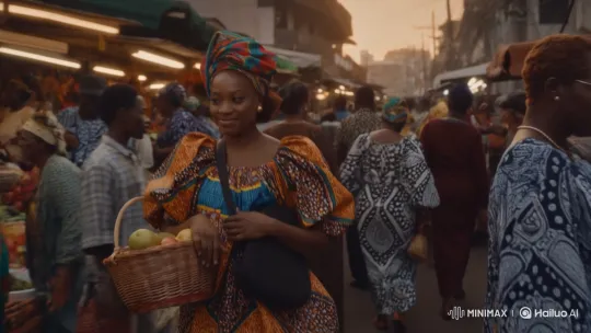 African Woman in Ankara Gown Walks Through Lagos Market at Sunset – AI Generated Video | Hailuo AI
