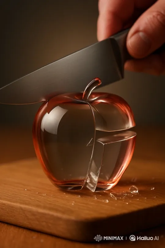 Glass Apple Sliced with Knife on Cutting Board – AI Generated Video | Hailuo AI