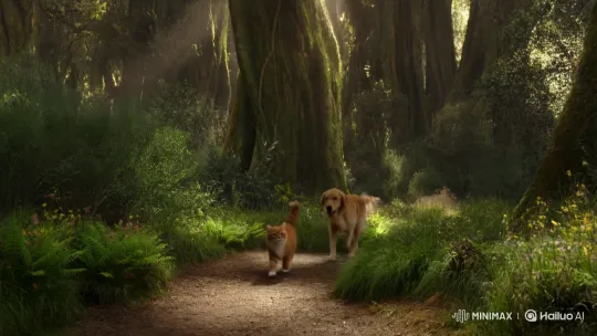 Brave Cat and Loyal Dog's Journey Through Ancient Forest – AI Generated Video | Hailuo AI
