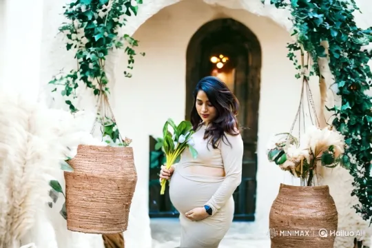 Pregnant Woman in Bohemian Archway Amidst Gentle Breeze – AI Generated Video | Hailuo AI