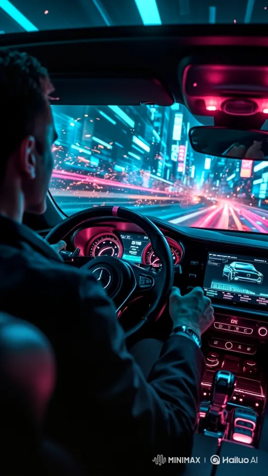 High-Performance Sports Car Drive in Futuristic City at Night – AI Generated Video | Hailuo AI