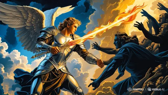 Angel Battles Shadowy Figures Amidst Celestial Flames – AI Generated Video | Hailuo AI