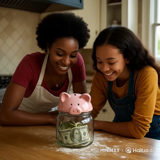 Woman and Girl Celebrate Savings in Kitchen – AI Generated Video | Hailuo AI