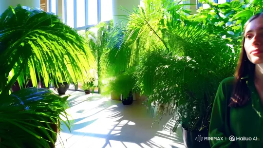 Contemplative Woman in Sunlit Green Sanctuary – AI Generated Video | Hailuo AI