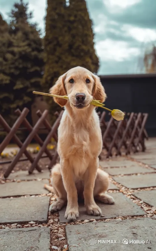 Adorable Puppy with Tulip on Stone Patio – AI Generated Video | Hailuo AI