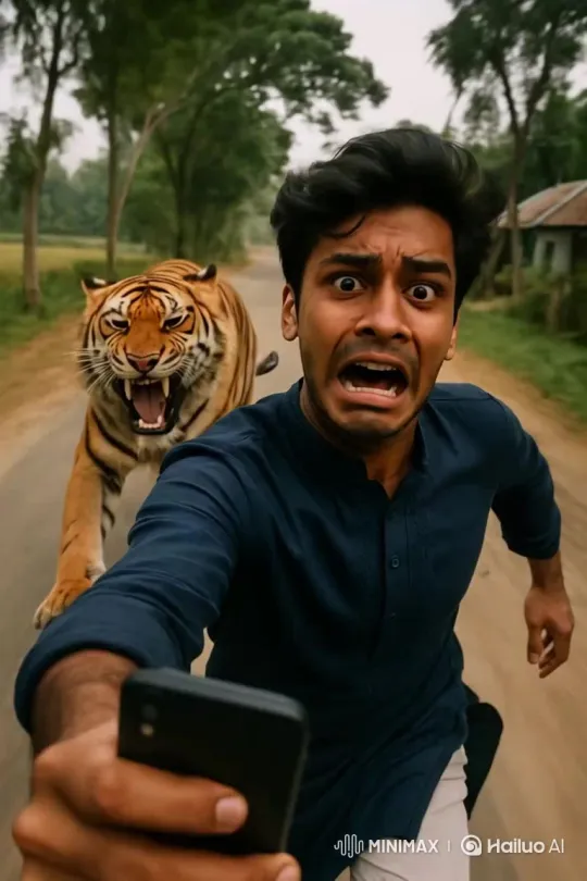 Bengali Man Flees Tiger, Screams for Help in Selfie Video – AI Generated Video | Hailuo AI
