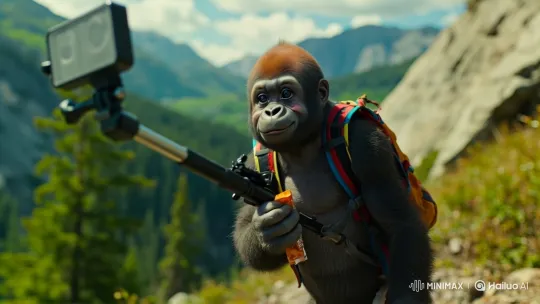 Cheerful Gorilla Takes Selfie on Mountain Trail – AI Generated Video | Hailuo AI