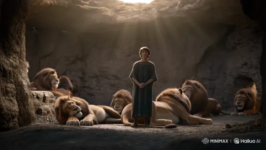 Courageous Daniel Amidst Peaceful Lions in Rocky Den – AI Generated Video | Hailuo AI