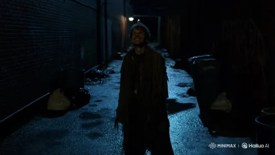 Disturbing Laughter of a Disheveled Man in Dark Alley – AI Generated Video | Hailuo AI