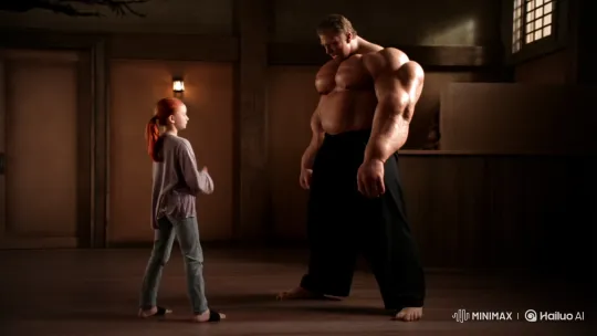 Redheaded Girl Outmaneuvers Muscle Man in Dojo Combat – AI Generated Video | Hailuo AI