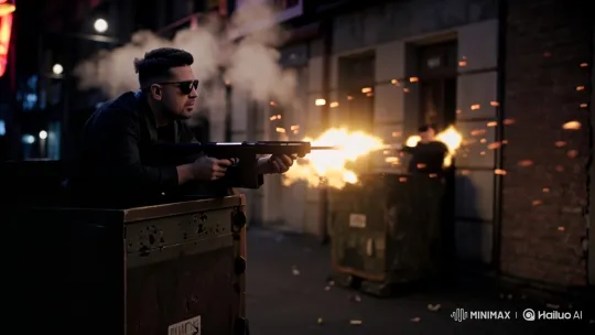 Tense Nighttime Alley Gunfight with Focused Shooter – AI Generated Video | Hailuo AI
