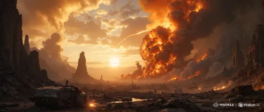 Apocalyptic Valley: Panoramic War Destruction and Cataclysmic Explosion – AI Generated Video | Hailuo AI