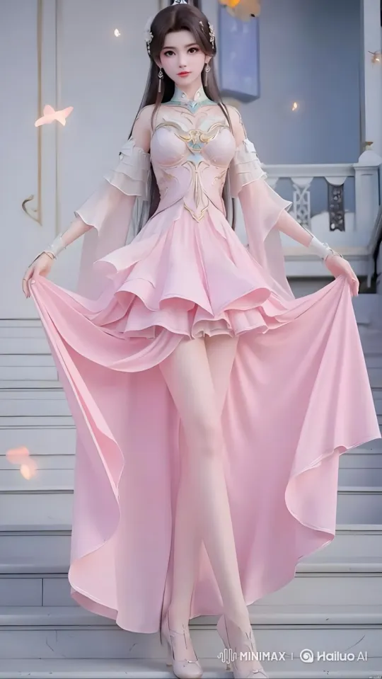 Elegant Woman in Fantasy Gown on Stairs – AI Generated Video | Hailuo AI