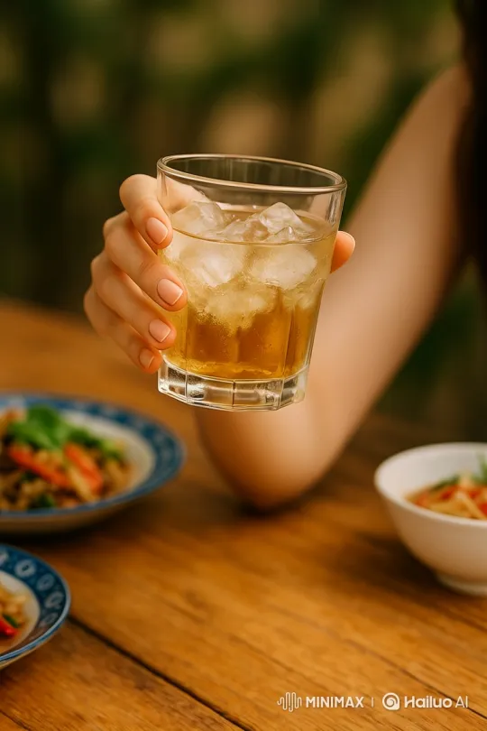 Woman Sips Amber Liquid from Faceted Glass in Garden Setting – AI Generated Video | Hailuo AI