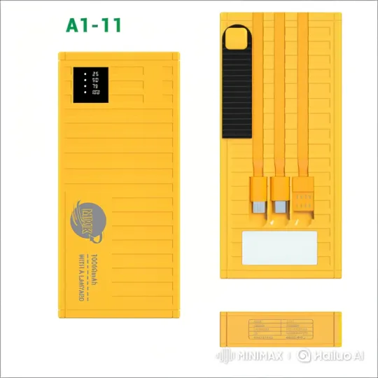 Yellow Power Bank with Display and Self-Extracting Cables – AI Generated Video | Hailuo AI