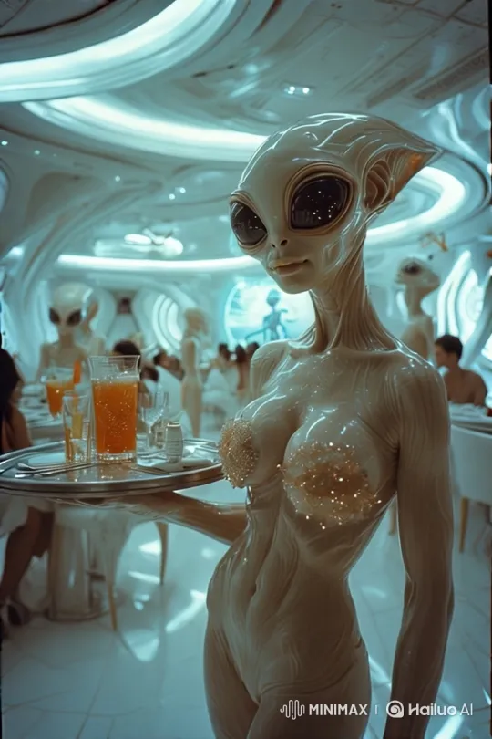 Futuristic Lounge: Alien Waitress Serves Drinks – AI Generated Video | Hailuo AI
