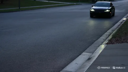 Modern Car Arrives on Empty, Wet Street – AI Generated Video | Hailuo AI