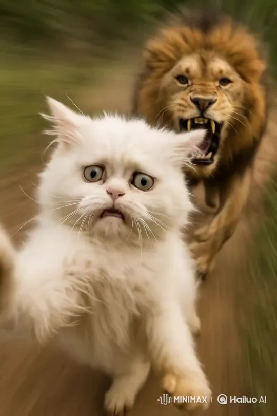 Muy Pussycat Fleeing from a Lion Chase – AI Generated Video | Hailuo AI