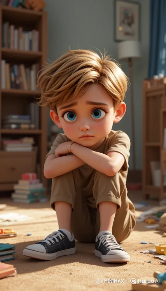 Boy's Sadness in Messy Bedroom Captured in Cinematic Shot – AI Generated Video | Hailuo AI