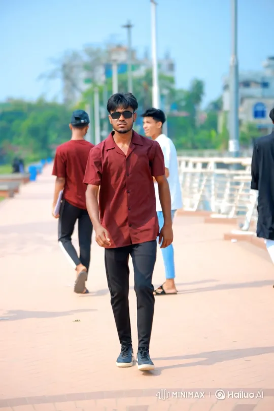 Young Man Walks Confidently Down Sunlit Promenade – AI Generated Video | Hailuo AI