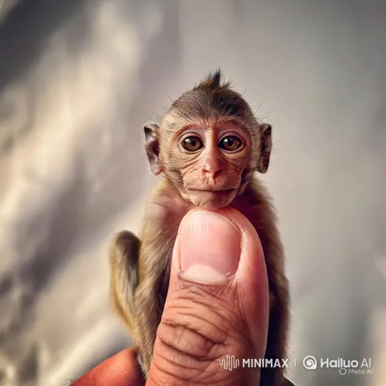 Close-up of Tiny Monkey Clinging to Thumb – AI Generated Video | Hailuo AI