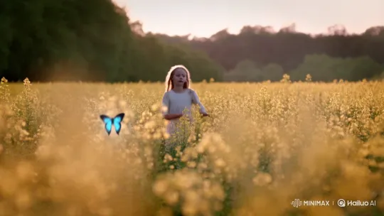 Emotional Run Through Golden Field with Luminous Butterfly – AI Generated Video | Hailuo AI