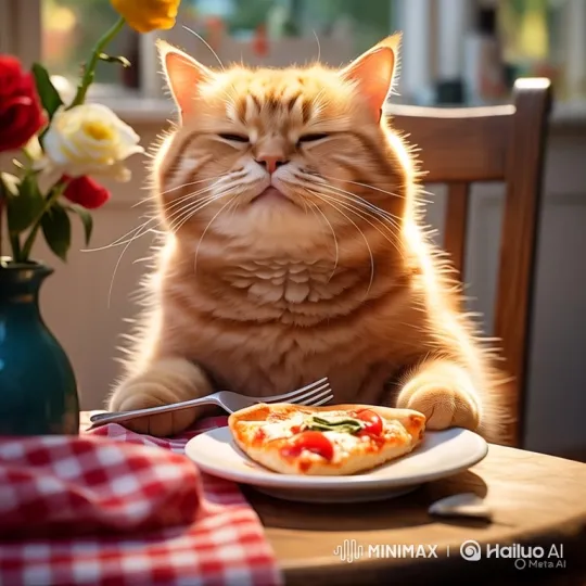 Fluffy Cat Enjoys Margherita Pizza with Fork – AI Generated Video | Hailuo AI