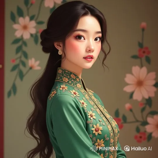 Elegant Woman in Green Embroidered Garment Walking in Lush Field – AI Generated Video | Hailuo AI
