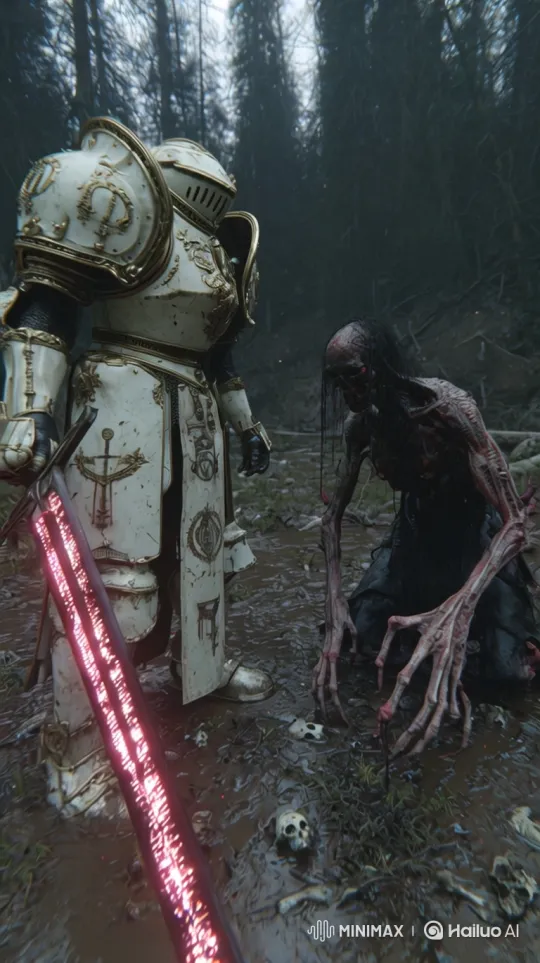 Knight Slaughters Creature with Energy Sword in Swampy Forest – AI Generated Video | Hailuo AI