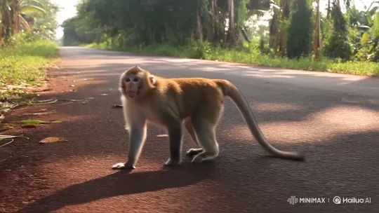 Curious Monkey Explores Rural Roadside – AI Generated Video | Hailuo AI