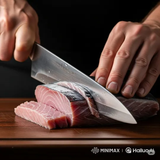 Hyper-Realistic Knife Slicing Fresh Fish Close-Up – AI Generated Video | Hailuo AI