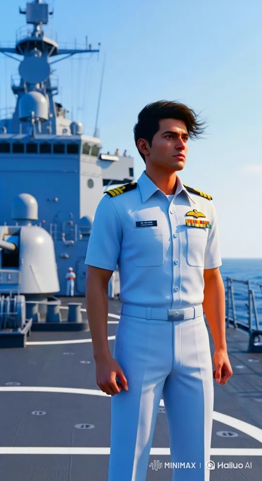 Young Naval Officer Walking Confidently on the Warship Deck – AI Generated Video | Hailuo AI