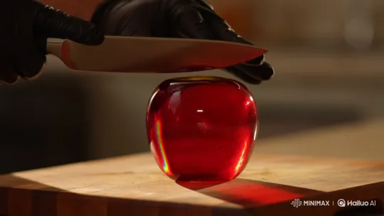Knife Hovering Over Shimmering Glass Apple – AI Generated Video | Hailuo AI