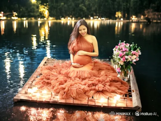 Pregnant Woman on Raft: Enchanting Night Pregnancy Scene – AI Generated Video | Hailuo AI