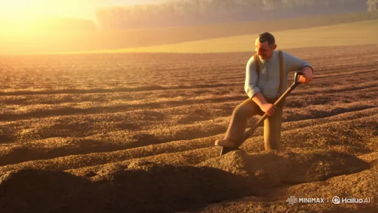 Strong Farmer Tilling Golden-Hued Farmland – AI Generated Video | Hailuo AI