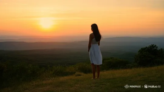Young Woman Contemplates Sunset Over Valley – AI Generated Video | Hailuo AI