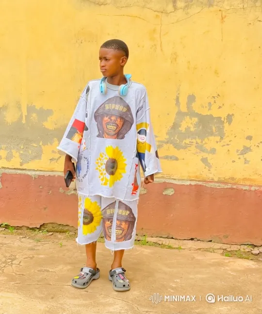 Young Person Walks Left in Oversized Outfit with Sunflower Design – AI Generated Video | Hailuo AI