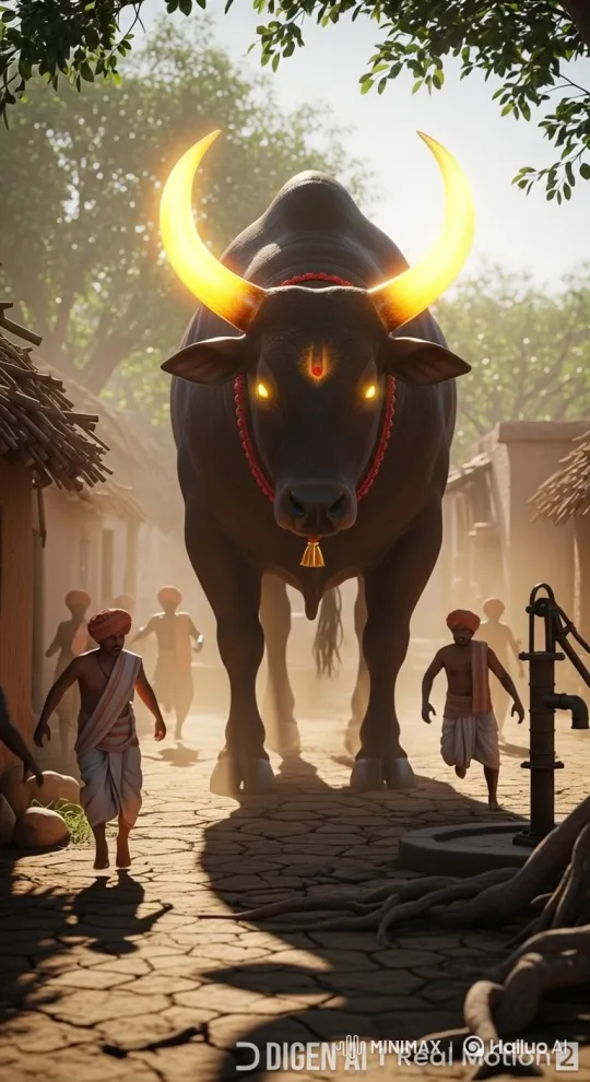Colossal Bull Advances Through Dusty Village Street – AI Generated Video | Hailuo AI