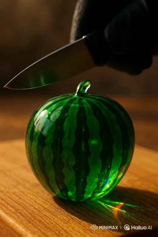 Glass Watermelon Threatened by Knife in Sunlit Macro – AI Generated Video | Hailuo AI