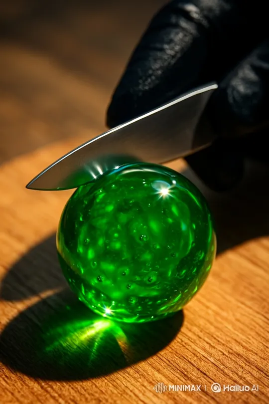 Slicing of a Green Sphere with Precision and Intricate Interior Reveal – AI Generated Video | Hailuo AI