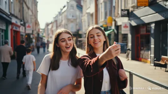 Young Women Cheerfully Vlog on City Street – AI Generated Video | Hailuo AI