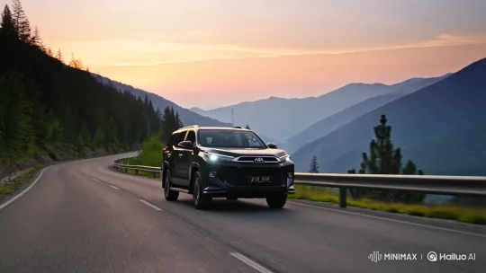 Black Toyota Fortuner Glides Through Scenic Sunset Mountains – AI Generated Video | Hailuo AI