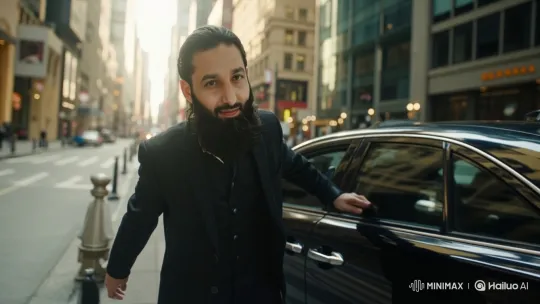 Dressed Man Prepares to Enter Black Sedan on City Street – AI Generated Video | Hailuo AI