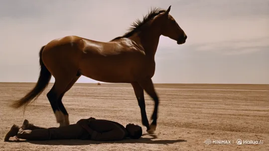 Powerful Horse Dances Over Motionless Person in Vast Landscape – AI Generated Video | Hailuo AI