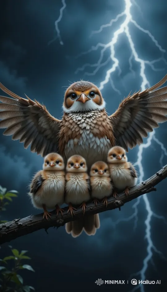 Mother Bird Protects Chicks from Stormy Skies – AI Generated Video | Hailuo AI