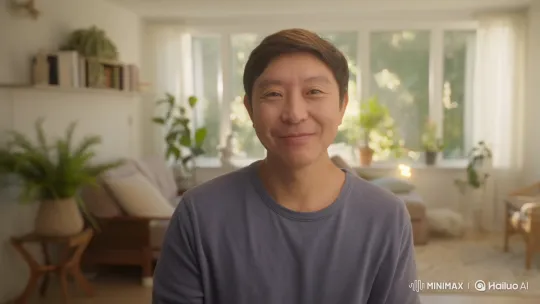 Friendly Person Greets Viewers in a Cozy Living Room – AI Generated Video | Hailuo AI